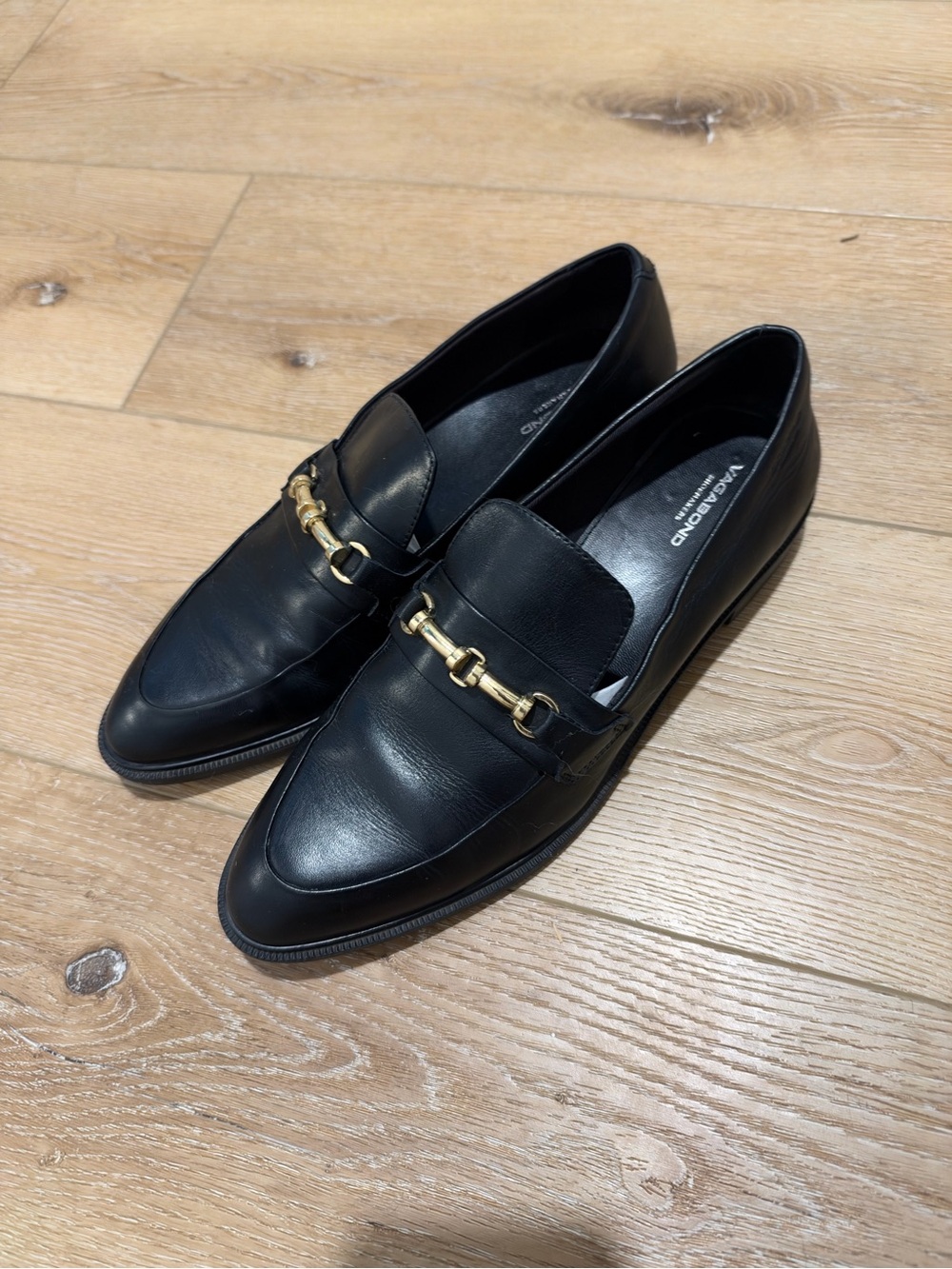 Vagabond Frances Black Leather Loafers with Gold Bit Detail
